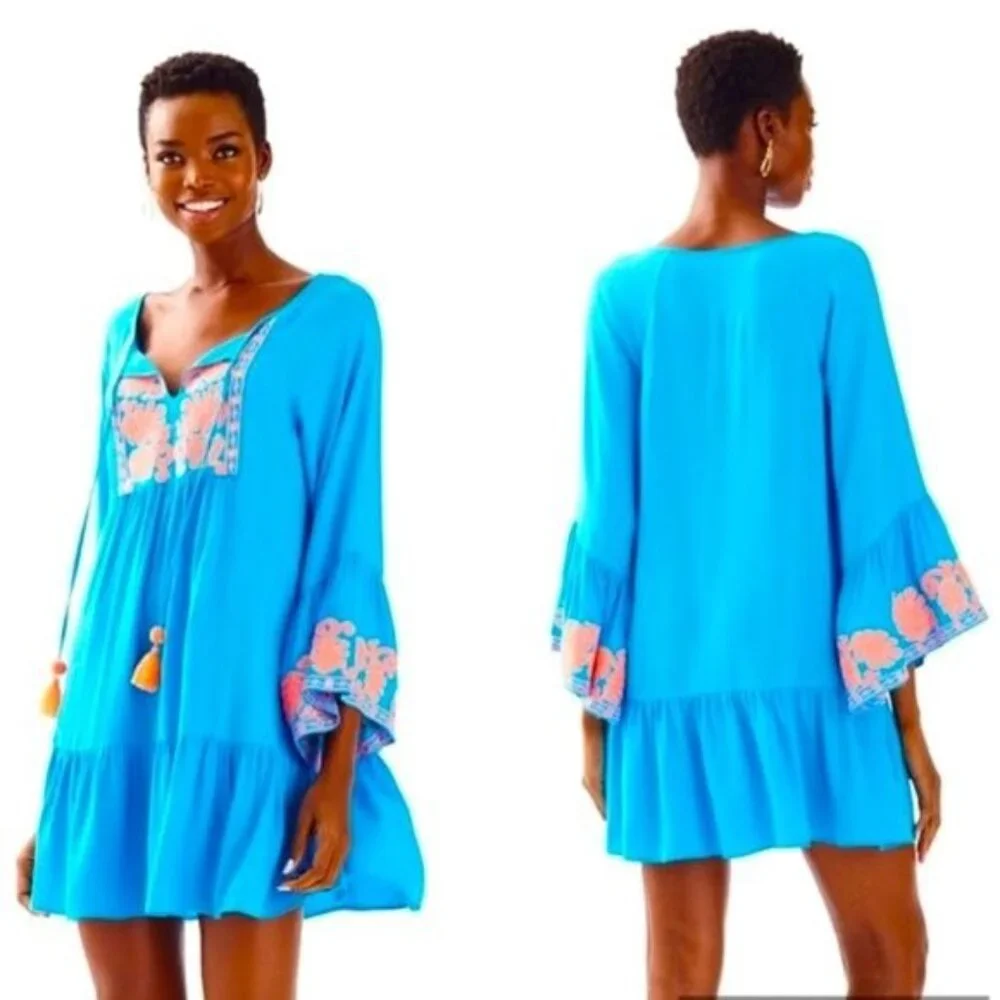 Lilly Pulitzer Amisa Embroidered Bell Sleeve Tunic Dress L - Picture 3 of 10